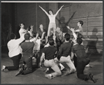 Keith Michell, Elizabeth Seal, Arik Lavie [center] and ensemble in rehearsal for the stage production Irma La Douce