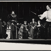 Unidentified actor, Raul Julia, James Earl Jones, Anna Brennen [?], Colleen Dewhurst and Stacy Keach in the Shakespeare in the Park stage production Hamlet