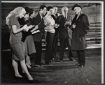 Alec Guiness [right] and ensemble in rehearsal for the stage production Dylan