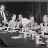 Director Hume Cronyn, Phyllis Love, Karl Malden, producer Hope Ableson? and playwright Molly Kazan during rehearsal for the stage production The Egghead