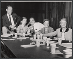 Director Hume Cronyn, Phyllis Love, Karl Malden, producer Hope Ableson? and playwright Molly Kazan during rehearsal for the stage production The Egghead