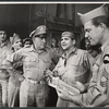 Bill Travers, Roland Winters, Richard X. Slattery and unidentified others in the stage production A Cook for Mr. General