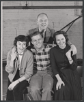 Portrait of playwright William Inge (standing), Eileen Heckart, Pat Hingle, and Teresa Wright during rehearsal for the stage production The Dark at the Top of the Stairs