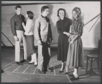 Carl Reindel, Timmy Everett, Teresa Wright, Judith Robinson and unidentified in rehearsal for the stage production The Dark at the Top of the Stairs
