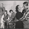 Portrait of playwright William Inge, director Elia Kazan, Eileen Heckart, Teresa Wright, and Pat Hingle during rehearsal for the stage production The Dark at the Top of the Stairs