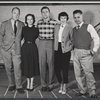 Portrait of playwright William Inge,Teresa Wright, Pat Hingle, Eileen Heckart, and director Elia Kazan during rehearsal for the stage production The Dark at the Top of the Stairs