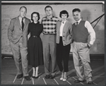 Portrait of playwright William Inge,Teresa Wright, Pat Hingle, Eileen Heckart, and director Elia Kazan during rehearsal for the stage production The Dark at the Top of the Stairs