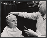 Emlyn Williams in makeup during rehearsal for the stage production The Deputy