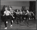 Director-choreographer Michael Kidd (far right) and dancers in rehearsal for the stage production Destry Rides Again