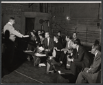 Dore Schary [left] and ensemble in rehearsal for the stage production The Devil's Advocate