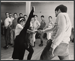 Chita Rivera, Gus Trikonis, and male dancers during rehearsal for the stage production Bajour