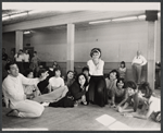 Choreographer Peter Gennaro, Antonia Rey, Chita Rivera, Gus Trikonis, and female dancers during rehearsal for the stage production Bajour