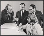 Director Hal Prince, librettist Jerome Coopersmith, and composers Marian Grudeff and Ray Jessel in rehearsal for the stage production Baker Street