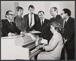 Martin Gabel, Inga Swenson, Fritz Weaver, librettist Jerome Coopersmith, director Hal Prince, and composers Ray Jessel and Marian Grudeff in rehearsal for the stage production Baker Street