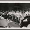 Robert Goulet, Julie Andrews, Richard Burton, Robert Coote [center] and ensemble in rehearsal for the stage production Camelot
