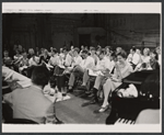 Robert Goulet, Julie Andrews, Richard Burton, Robert Coote [center] and ensemble in rehearsal for the stage production Camelot