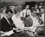 Robert Goulet, Julie Andrews, Richard Burton, and company in rehearsal for the stage production Camelot