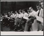 David Hurst, Robert Goulet, Julie Andrews, Richard Burton, Robert Coote, Roddy McDowall and ensemble in rehearsal for the stage production Camelot