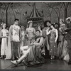 Center: Robert Goulet, Julie Andrews, and Richard Burton surrounded by cast members in the stage production Camelot