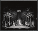 Robert Goulet, William Squire, Janet Pavek [center] and ensemble in the stage production Camelot