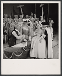 Max Adrian, Louis Edmonds, Barbara Cook and ensemble in the 1956 stage production Candide
