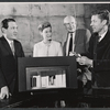 Walter Fried [far left], Helen Jacobson [second from left], Henry Butler [far right] and unidentified in rehearsal with set design model for the Broadway production of Abraham Cochrane