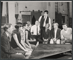 Alan MacNaughtan, Gretchen Corbett, Alan Rachins, Nancy Marchand, Alec McCowen, Maureen Pryor, Bill Burns, Anthony Oliver and unidentified in rehearsal for the stage production After the Rain