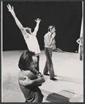 John Cazale [left] Andrei Serban [right] and unidentified others in rehearsal for the stage production Agamemnon