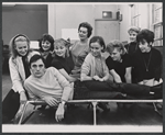 Juliet Mills [left] Marcia Ashton [center] Terence Stamp [front] and unidentified others in rehearsal for the stage production Alfie