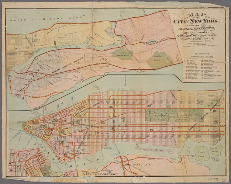 Map of the city of New York showing the school districts, wards
