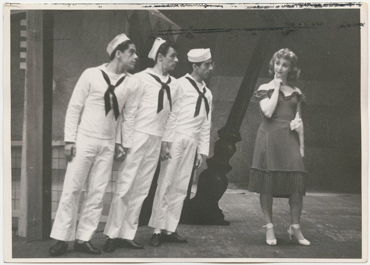 Black-and-white photo of John Kriza, Harold Lang, and Jerome Robbins, and a woman in the play Fancy Free