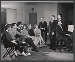 Karin Wolfe, Bill Hayes, Jesse Pearson, Ramona Bittles, Eddie Applegate, Mimi Kelly, Bob Van Hooton, Charles Strouse and unidentified others in rehearsal for the 1961 tour of Bye Bye Birdie