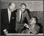 Bert Lahr, playwright S. J. Perelman and unidentified in rehearsal for the stage production The Beauty Part