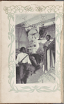 Man seated with banjo next to woman at stairs