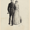 Man, with back to viewer, facing young woman plucking at bouquet