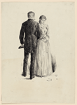 Man, with back to viewer, facing young woman plucking at bouquet
