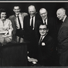 Nanette Fabray, Robert Ryan, Joshua Logan, Howard Lindsay, Russel Crouse and Irving Berlin [seated] in rehearsal for the stage production Mr. President