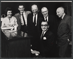 Nanette Fabray, Robert Ryan, Joshua Logan, Howard Lindsay, Russel Crouse and Irving Berlin [seated] in rehearsal for the stage production Mr. President