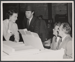 Julie Andrews, Rex Harrison, Alan Jay Lerner and Frederick Loewe in rehearsal for the stage production My Fair Lady