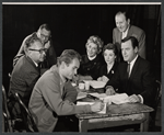 Lawrence Roman [standing at left], Joseph Anthony [seated], Dean Jones, Nan Martin, Sandra Church, Frederick Brisson [standing] and Gig Young in rehearsal for the stage production Under the Yum-Yum Tree