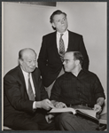 Bert Lahr, Alan Schneider [seated] and Tom Ewell [standing] in rehearsal for the stage production Waiting for Godot [Coconut Grove Playhouse, Miami, FL, 1956]