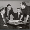 Bert Lahr, Tom Ewell, Michael Myerberg and Alan Schneider in rehearsal for the stage production Waiting for Godot [Coconut Grove Playhouse, Miami, FL, 1956]