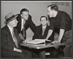 Bert Lahr, Tom Ewell, Michael Myerberg and Alan Schneider in rehearsal for the stage production Waiting for Godot [Coconut Grove Playhouse, Miami, FL, 1956]