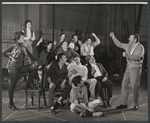 Robert Preston [center] and unidentified others in rehearsal for the stage production We Take the Town
