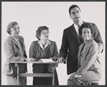Marchette Chute [left], Earle Hyman [standing right], Vinie Burrows [seated right] and unidentified [with paper] in rehearsal for the stage production The Worlds of Shakespeare