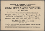 Choice Bronx Vacant Properties at Auction. About 55 Lots, including several corners located in rapidly advancing sections, near Elevated and Subway Stations, and ready for immediate improvement, situation on Prospect, Third, St. Ann's, Washington, Brook, Cauldwell and Stebbins Aves., German Place, Freeman, 149th, 156th, 157th, 158th, 164th, and 173d Sts.