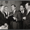 Fred Stewart, William LeMassena, Gore Vidal, George S. Irving and Graham Jarvis in rehearsal for the stage production Romulus