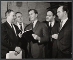 Fred Stewart, William LeMassena, Gore Vidal, George S. Irving and Graham Jarvis in rehearsal for the stage production Romulus