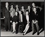 Norman Krasna, Charles Lane, Joe Ponazecki, George Seaton and unidentified [back] Marcia Rodd, Hal Buckley, Kathleen Nolan and Monty Gunty [front] in rehearsal for the stage production Love in E Flat