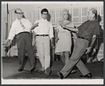 Pesach Burstein, Mike Burstyn, Lillian Lux and Shmuel Bunim in rehearsal for the stage production The Megilla of Itzhik Manger